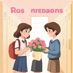 A young boy offering a flower to a girl for a school romance book cover