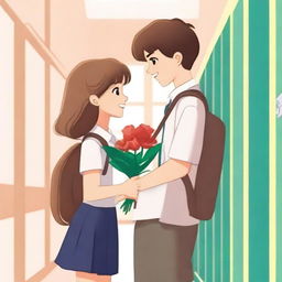 A young boy offering a flower to a girl for a school romance book cover