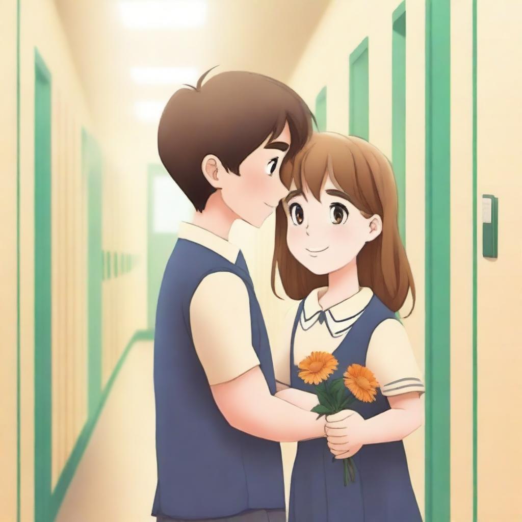 A young boy offering a flower to a girl for a school romance book cover