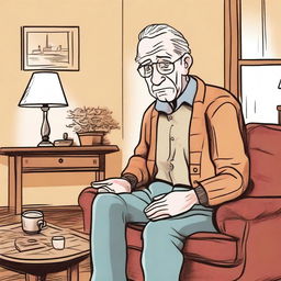 A hand-drawn style illustration of an elderly man who has forgotten to turn off the lights in his home