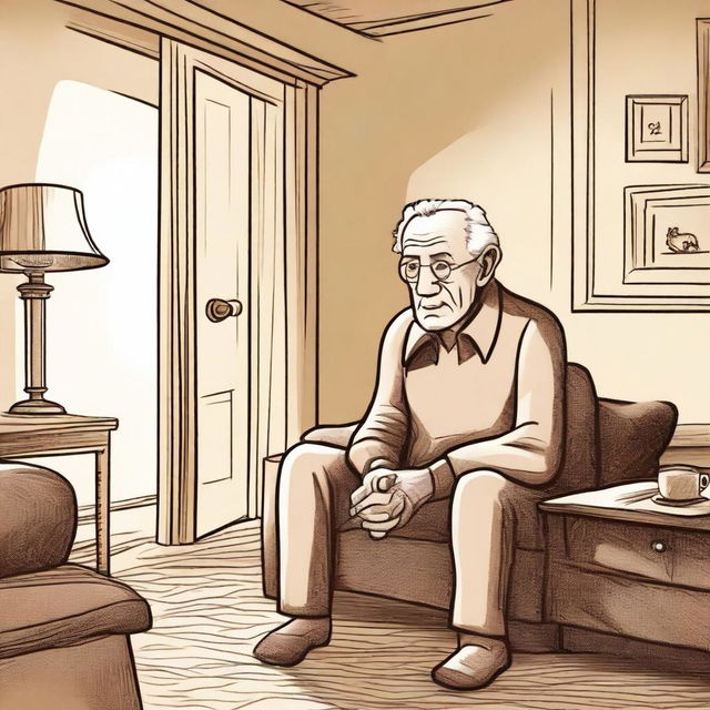 A hand-drawn style illustration of an elderly man who has forgotten to turn off the lights in his home