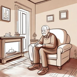 A hand-drawn style illustration of an elderly man who has forgotten to turn off the lights in his home