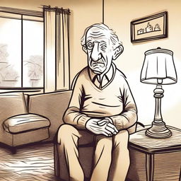 A hand-drawn style illustration of an elderly man who has forgotten to turn off the lights in his home