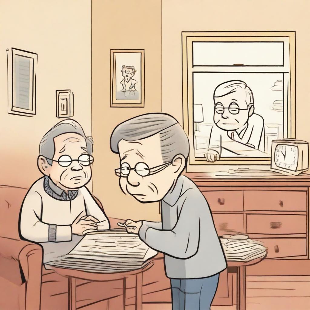 A cartoon-style split-screen illustration showing two scenarios: on the left, an elderly man has forgotten to turn off the lights in his cozy, traditional living room with warm lighting and vintage furniture