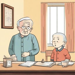 A cartoon-style split-screen illustration showing two scenarios: on the left, an elderly man has forgotten to turn off the lights in his cozy, traditional living room with warm lighting and vintage furniture