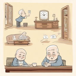 A cartoon-style split-screen illustration showing two scenarios: on the left, an elderly man has forgotten to turn off the lights in his cozy, traditional living room with warm lighting and vintage furniture