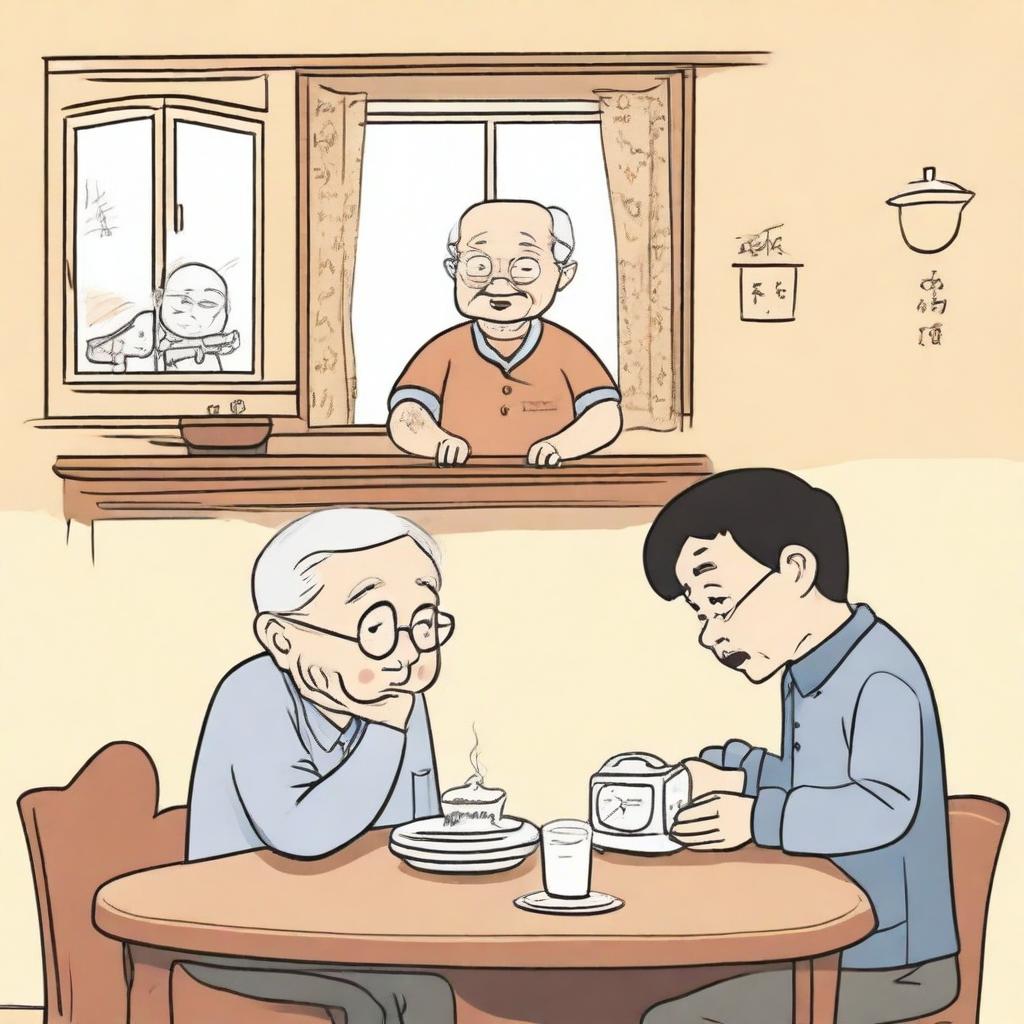 A cartoon-style split-screen illustration showing two scenarios: on the left, an elderly man has forgotten to turn off the lights in his cozy, traditional living room with warm lighting and vintage furniture