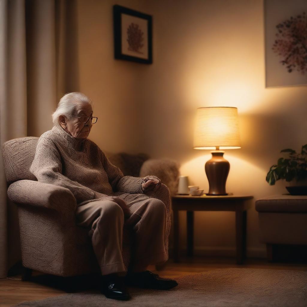 An elderly person in a cozy living room, having forgotten to turn off the lights