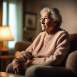 An elderly person in a cozy living room, having forgotten to turn off the lights