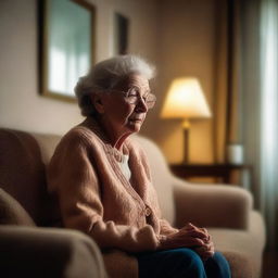 An elderly person in a cozy living room, having forgotten to turn off the lights