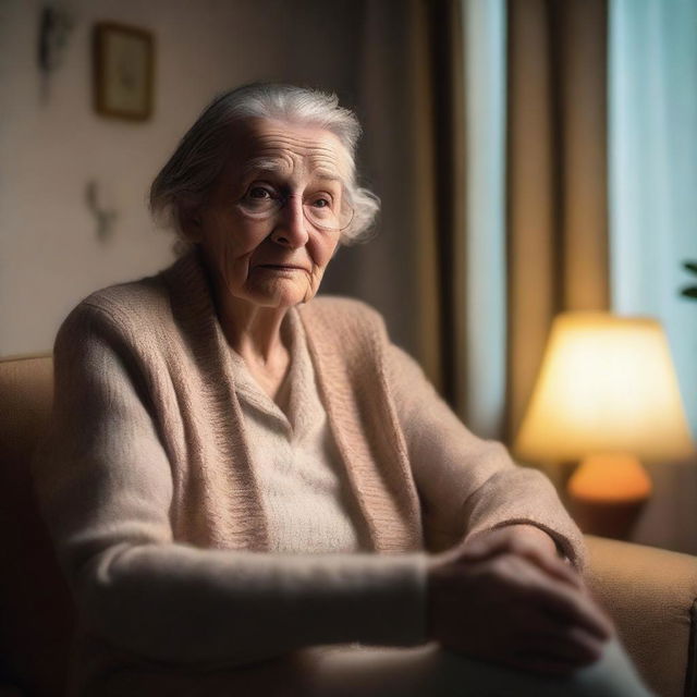 An elderly person in a cozy living room, having forgotten to turn off the lights