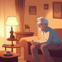 An elderly person in a cozy living room, having forgotten to turn off the lights