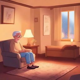 An elderly person in a cozy living room, having forgotten to turn off the lights