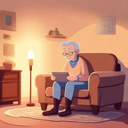 An elderly person in a cozy living room, having forgotten to turn off the lights