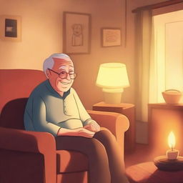 An elderly person in a cozy living room, having forgotten to turn off the lights