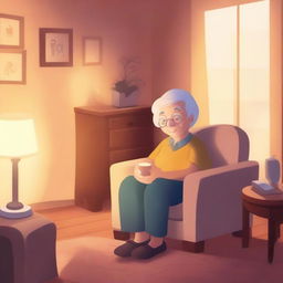 An elderly person in a cozy living room, having forgotten to turn off the lights