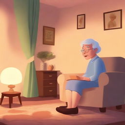 An elderly person in a cozy living room, having forgotten to turn off the lights