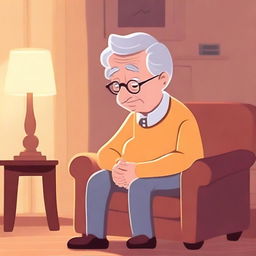 An elderly person in a cozy living room, having forgotten to turn off the lights