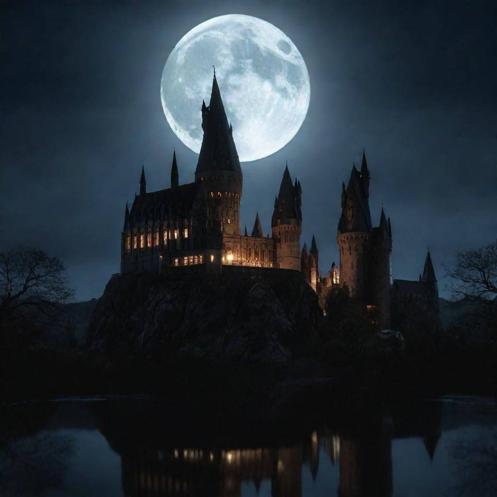 A nighttime scene of Hogwarts, the castle's silhouette illuminated by the full moon light, radiating a magical and mysterious atmosphere. Shadows and reflections hinting at hidden secrets involving Malfoy's sister and Harry Potter.