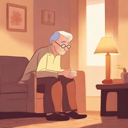 An elderly person in a cozy living room, having forgotten to turn off the lights