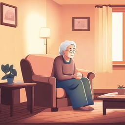 An elderly person in a cozy living room, having forgotten to turn off the lights