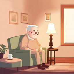 An elderly person in a cozy living room, having forgotten to turn off the lights