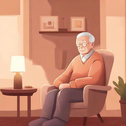 An elderly person in a cozy living room, having forgotten to turn off the lights