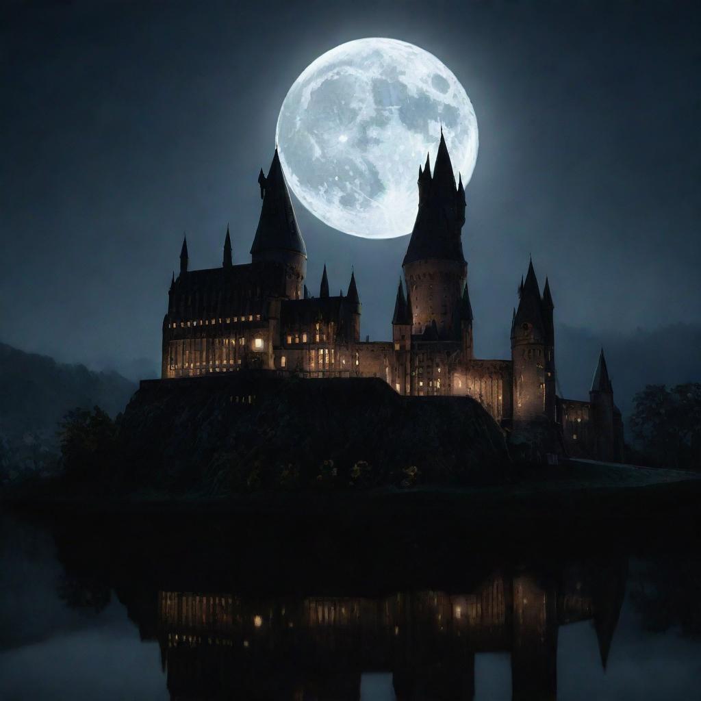 A nighttime scene of Hogwarts, the castle's silhouette illuminated by the full moon light, radiating a magical and mysterious atmosphere. Shadows and reflections hinting at hidden secrets involving Malfoy's sister and Harry Potter.