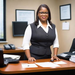 A person dressed in a secretary costume, featuring office attire such as a pencil skirt, blouse, and glasses