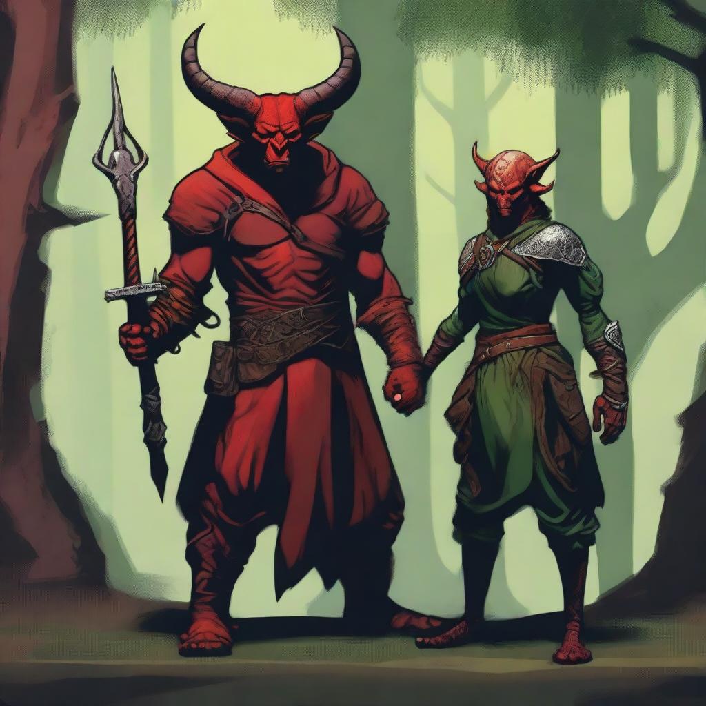 A red tiefling sorcerer standing next to an orc rogue