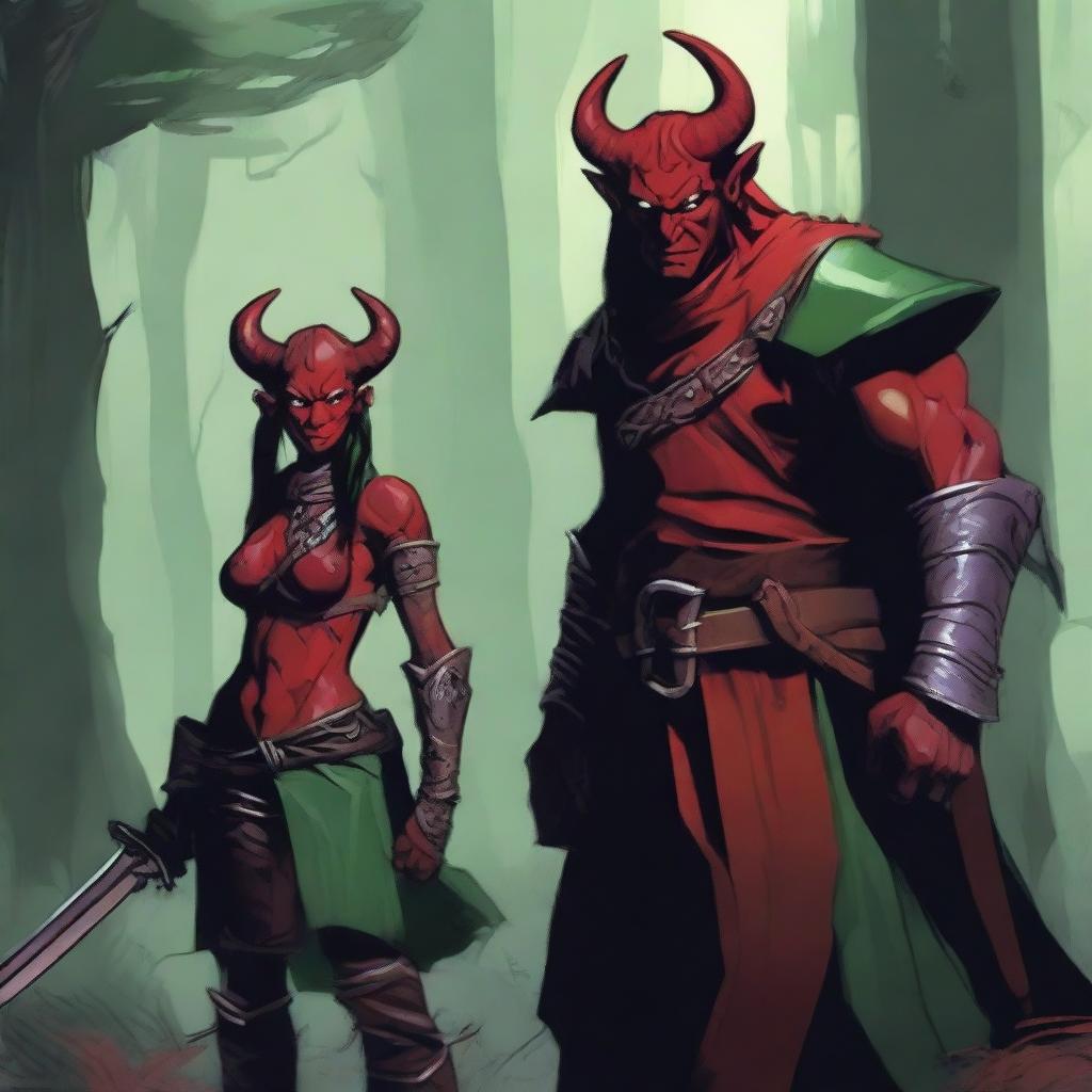 A red tiefling sorcerer standing next to an orc rogue