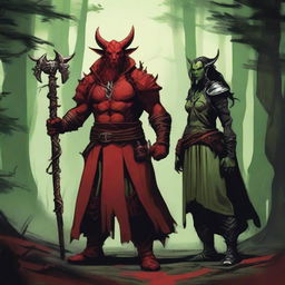 A red tiefling sorcerer standing next to an orc rogue