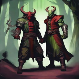 A red tiefling sorcerer standing next to an orc rogue