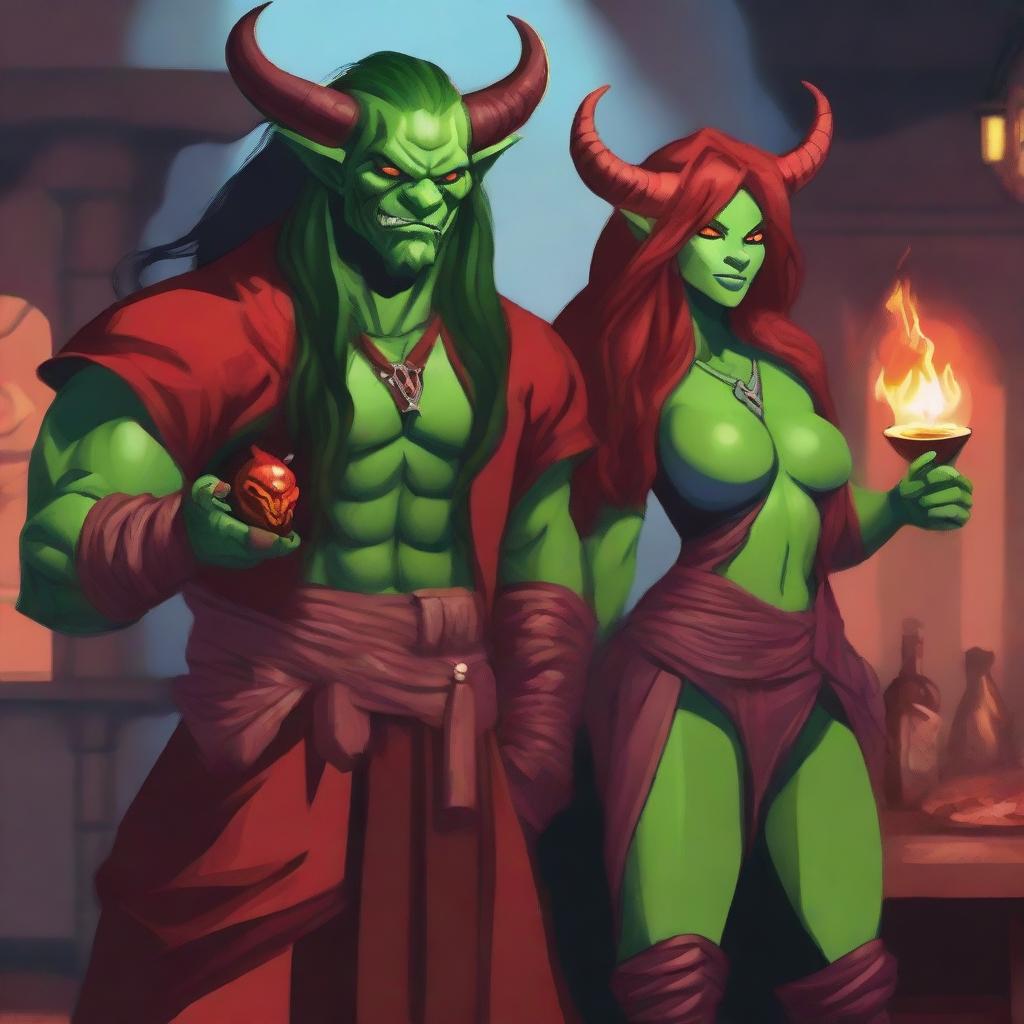 A red tiefling sorcerer holding a fireball and looking happy, standing next to a long-haired green orc rogue