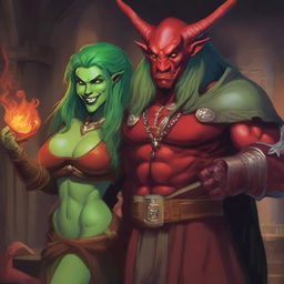 A red tiefling sorcerer holding a fireball and looking happy, standing next to a long-haired green orc rogue