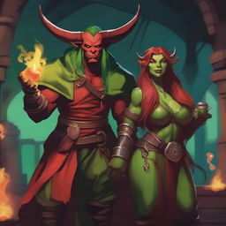 A red tiefling sorcerer holding a fireball and looking happy, standing next to a long-haired green orc rogue