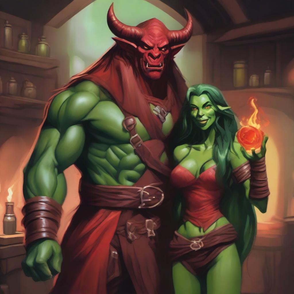 A red tiefling sorcerer holding a fireball and looking happy, standing next to a long-haired green orc rogue