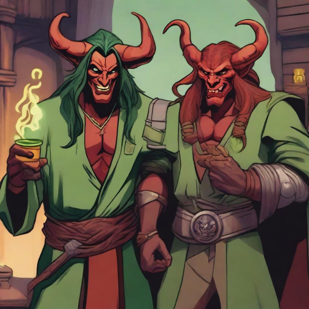 A male red tiefling sorcerer holding a fireball and looking happy, standing next to a male long-haired green orc rogue