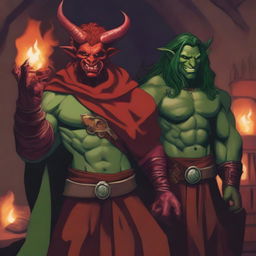 A male red tiefling sorcerer holding a fireball and looking happy, standing next to a male long-haired green orc rogue