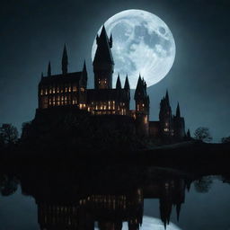 A nighttime scene of Hogwarts, the castle's silhouette illuminated by the full moon light, radiating a magical and mysterious atmosphere. Shadows and reflections hinting at hidden secrets involving Malfoy's sister and Harry Potter.