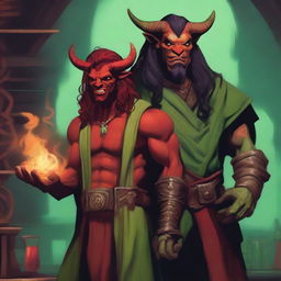 A male red tiefling sorcerer holding a fireball and looking happy, standing next to a male long-haired green orc rogue