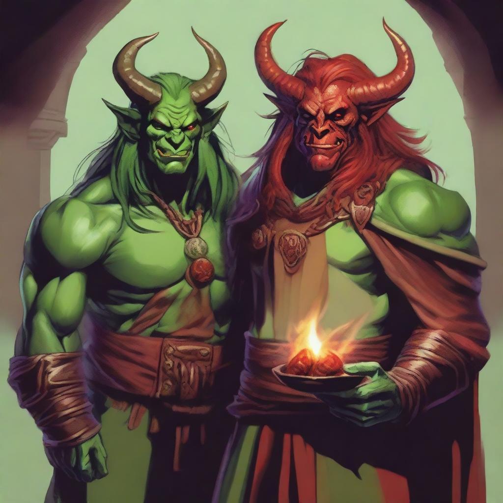 A male red tiefling sorcerer holding a fireball and looking happy, standing next to a male long-haired green orc rogue