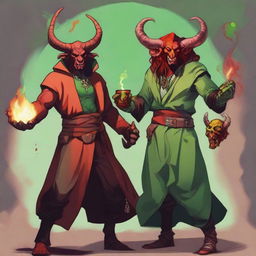 A slim male red tiefling sorcerer holding a fireball and looking happy, standing next to a short male long-haired green orc rogue