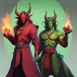 A slim male red tiefling sorcerer holding a fireball and looking happy, standing next to a short male long-haired green orc rogue