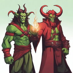 A slim male red tiefling sorcerer holding a fireball and looking happy, standing next to a short male long-haired green orc rogue