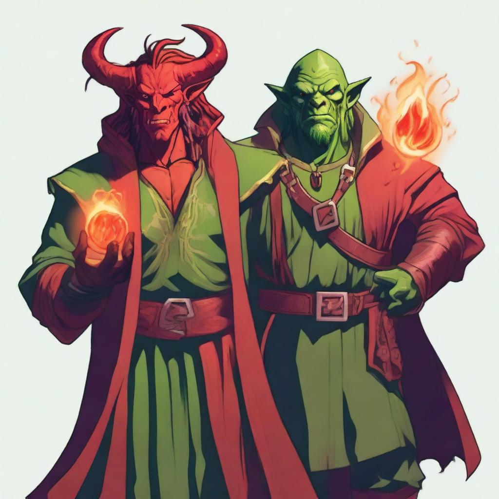 A slim male red tiefling sorcerer holding a fireball and looking happy, standing next to a short male long-haired green orc rogue