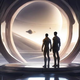 A detailed illustration of two men on a futuristic spaceship, standing side by side and holding hands