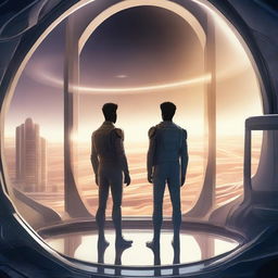 A detailed illustration of two men on a futuristic spaceship, standing side by side and holding hands