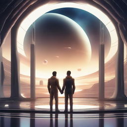 A detailed illustration of two men on a futuristic spaceship, standing side by side and holding hands