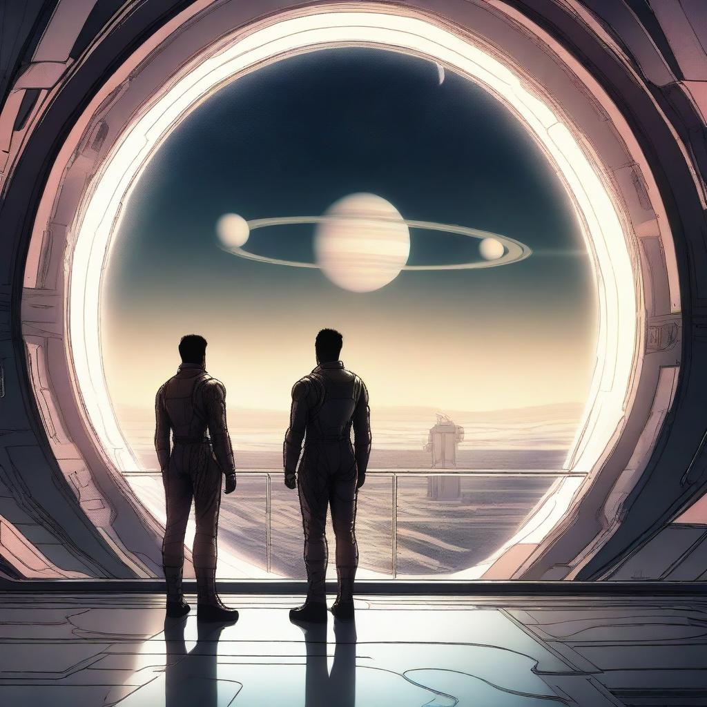 A detailed illustration of two men on a futuristic spaceship, standing side by side and holding hands